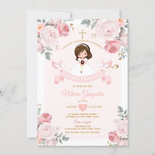 Invitación Primera Comunión de una pequeña niña española rosa