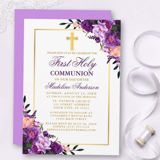 Invitación Primera comunión de violeta púrpura acuarela flora (Customize to change text color, style, add text & photos to back or change color of back of card.)