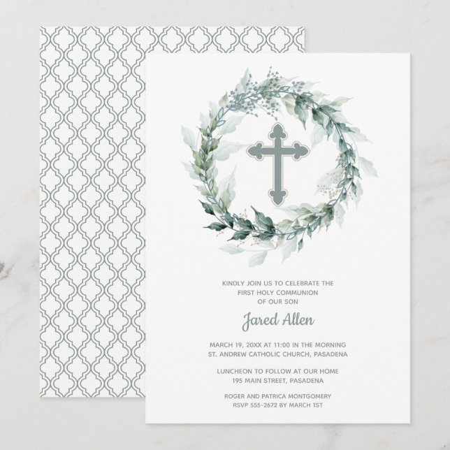Invitación Primera comunión de Wreath y Cross (Anverso / Reverso)