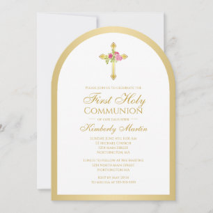 Invitación Primera comunión del arco floral de la cruz rosa d