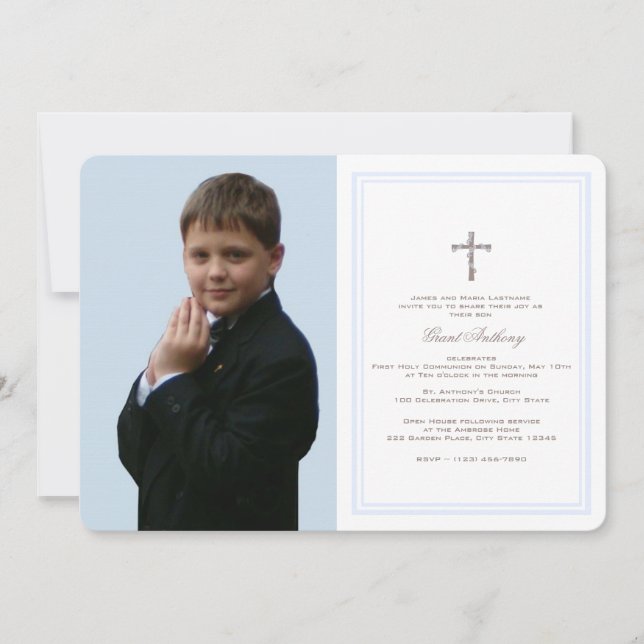 Invitación Primera comunión del bebé azul con foto (Anverso)