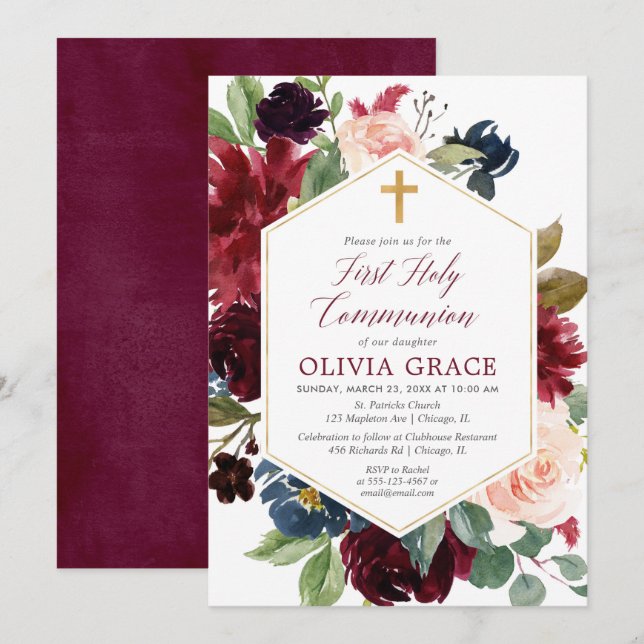 Invitación Primera comunión del chica de la Marina Borgoña Ro (Anverso / Reverso)