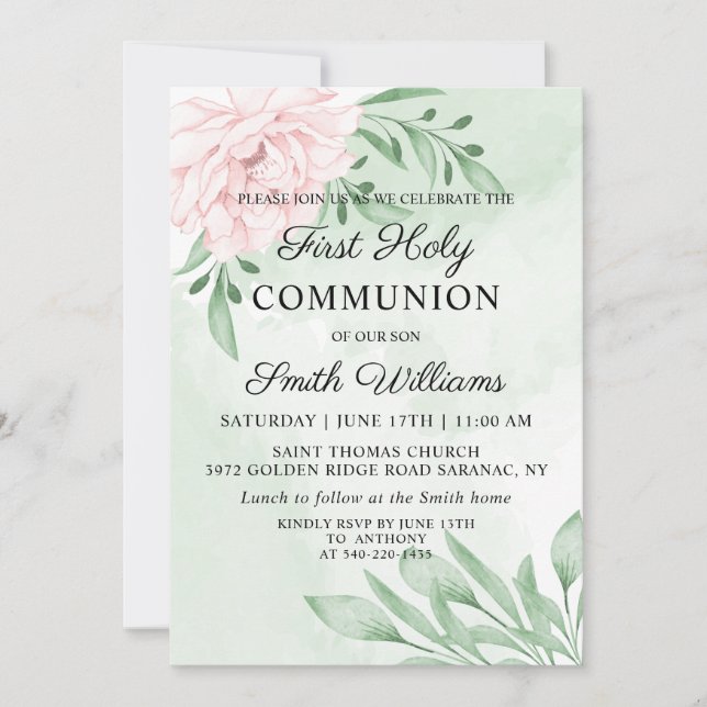 Invitación Primera Comunión del Foliage Rosa Eucalyptus (Anverso)