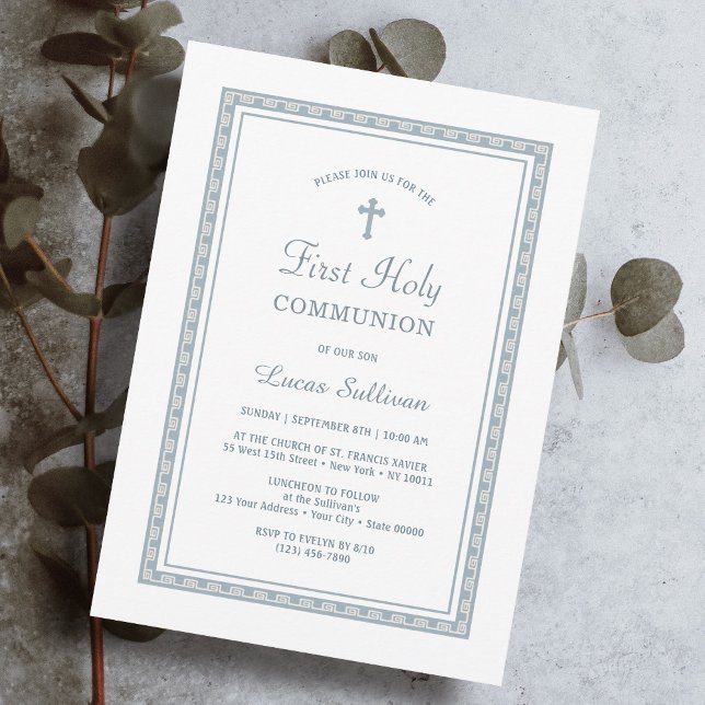 Invitación Primera comunión del marco griego azul turbio (Subido por el creador)