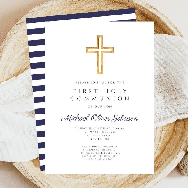 Invitación Primera comunión del niño azul de la cruz religios (Navy Blue Stripes Boy First Communion Invitation)