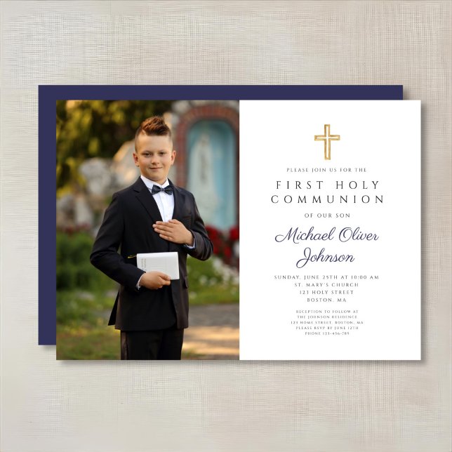 Invitación Primera comunión del niño con foto de la cruz azul (Navy Blue Cross Photo Boy First Communion Invitation)