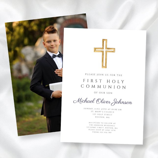 Invitación Primera comunión del niño con foto de la cruz azul (Navy Blue Cross Photo Boy First Communion Invitation)