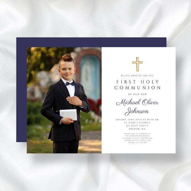 Invitación Primera comunión del niño con foto de la cruz azul (Navy Blue Cross Photo Boy First Communion Invitation)