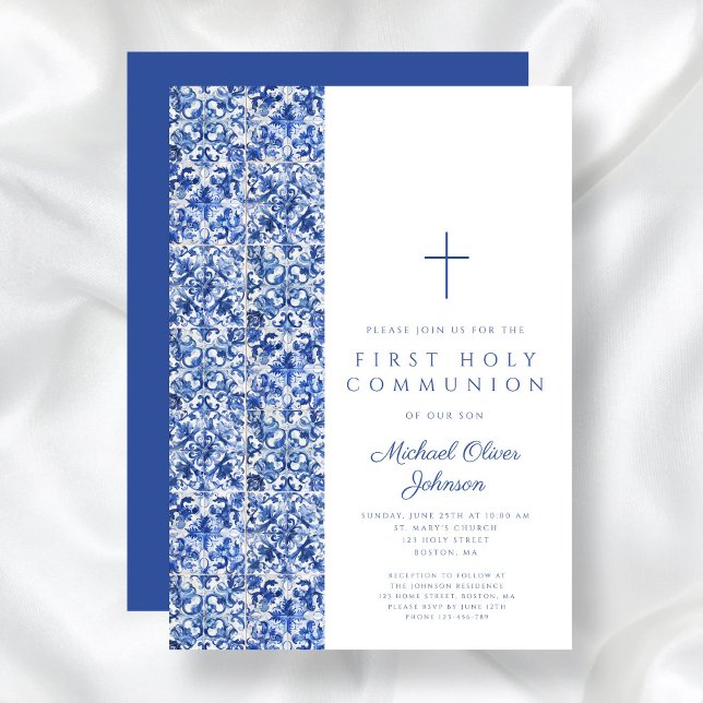 Invitación Primera comunión del niño de los niños de los niño (Modern Cross Blue Tiles Boy First Communion Invitation)