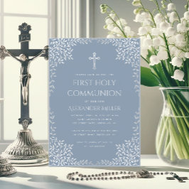 Invitación Primera Comunión Dusty Blue Elegant hojas plateada