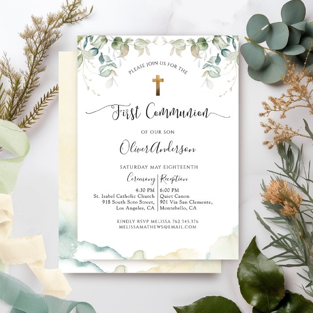 Invitación Primera comunión, elegancia de la vegetación y acu (Subido por el creador)