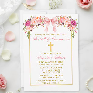 Invitación Primera Comunión Elegante Acuarela Floral Lazo Ros