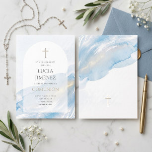 Invitación Primera Comunión Elegante Arco de Acuarela Azul