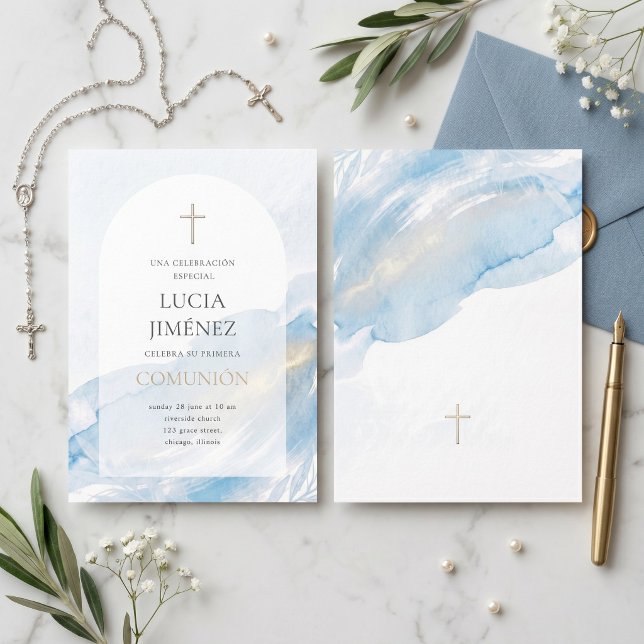 Invitación Primera Comunión Elegante Arco de Acuarela Azul (Elegant Blue Watercolor First Communion Invitation)