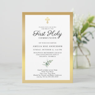 Invitación Primera Comunión elegante con cruz de oro y vegeta