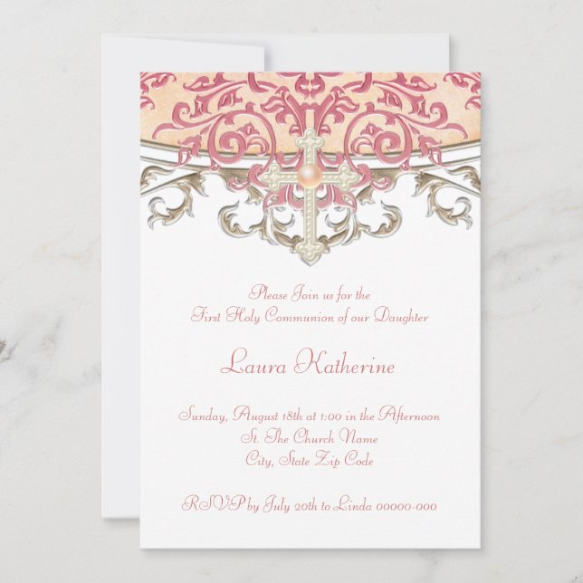 Invitación Primera Comunión Elegante De Coral Peach (Anverso)