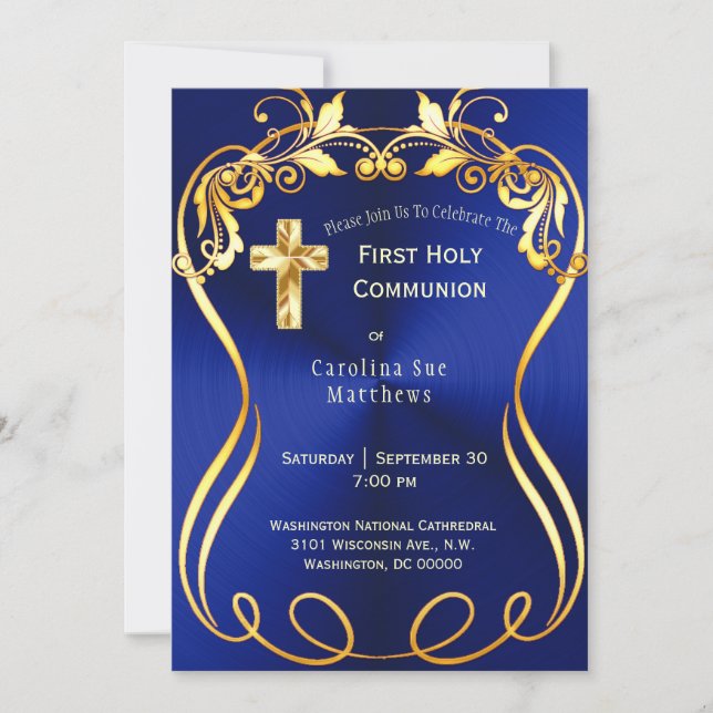 Invitación Primera Comunión Elegante de la Cruz Azul de Oro (Anverso)