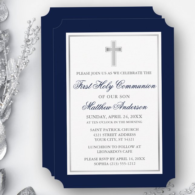 Invitación Primera Comunión Elegante de la Cruz de Plata Azul (Customize to change text size, style, color or to add more text or photos to back of card.)
