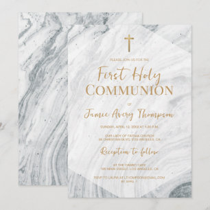 Invitación Primera Comunión Elegante de Mármol Cruz Dorada 