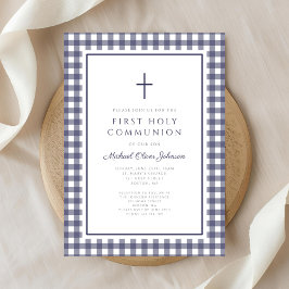 Invitación Primera Comunión elegante de niño en cuadros azule