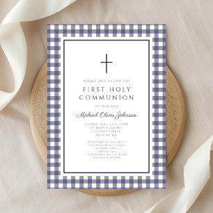 Invitación Primera Comunión elegante de niño en cuadros azule