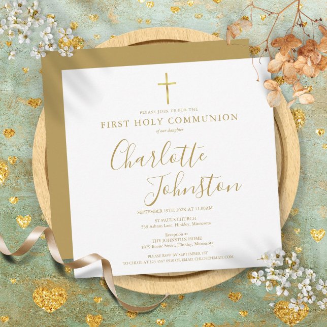 Invitación Primera Comunión Elegante Firma de Oro  (First Holy Communion Elegant Gold Signature Invitation)