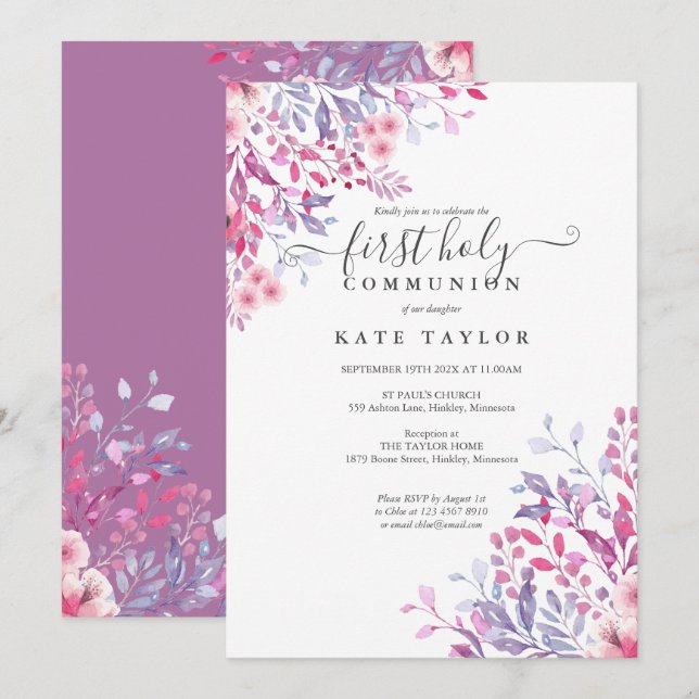 Invitación Primera Comunión Elegante Floral  (Anverso / Reverso)