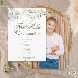 Invitación Primera Comunión Elegante Fotografía de Flor Blanc