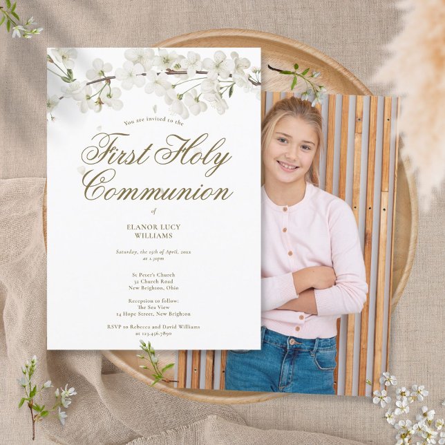Invitación Primera Comunión Elegante Fotografía de Flor Blanc (Subido por el creador)