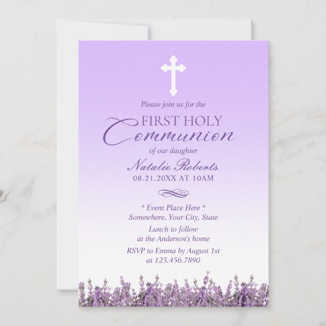 Invitación Primera Comunión Elegante Lavanda Floral (Anverso)