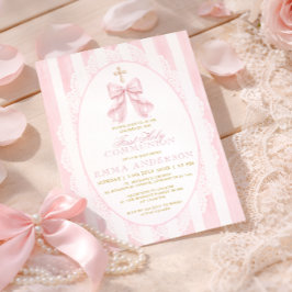 Invitación Primera Comunión Elegante Lazo Rosa
