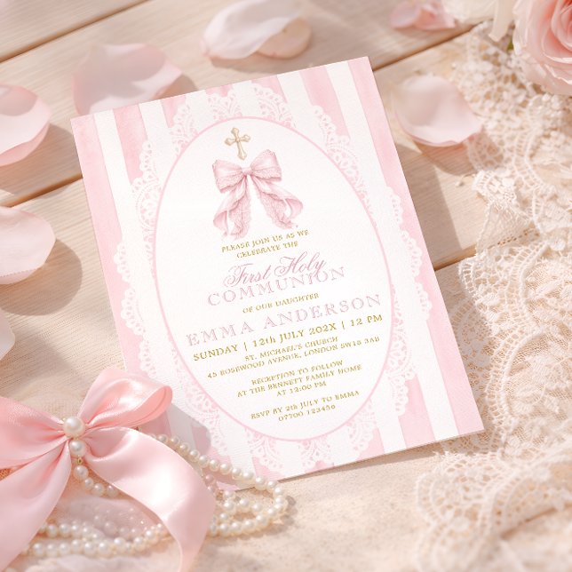 Invitación Primera Comunión Elegante Lazo Rosa (Subido por el creador)