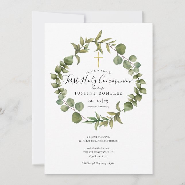 Invitación Primera Comunión Elegante Modernidad Verde (Anverso)