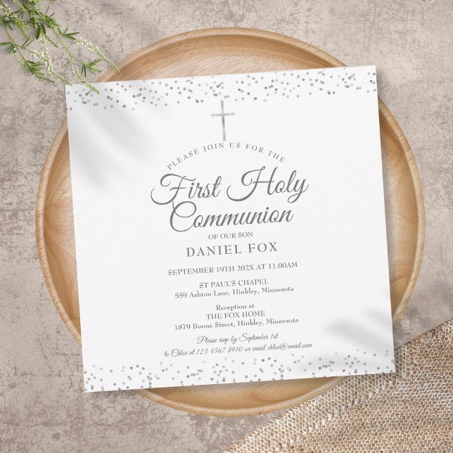 Invitación Primera Comunión Elegante Plata Polvo de Estrellas (Subido por el creador)