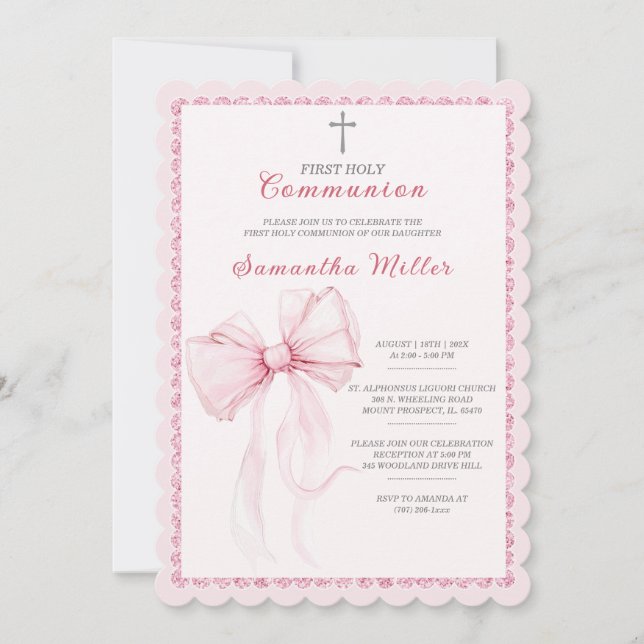 Invitación Primera Comunión Elegante Rosa para Niñas (Anverso)
