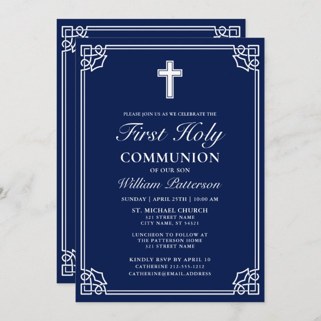 Invitación Primera Comunión Elegante Tejido Armada Azul (Anverso / Reverso)