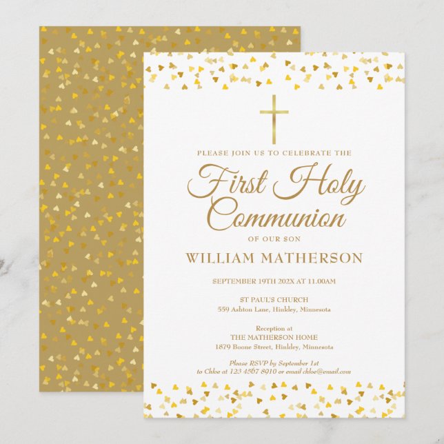 Invitación Primera Comunión Elegantes Corazones de Oro  (Anverso / Reverso)