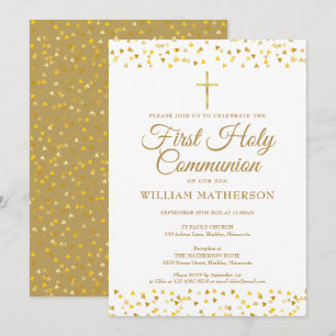 Invitación Primera Comunión Elegantes Corazones de Oro 