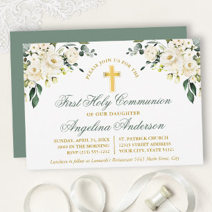 Invitación Primera Comunión en acuarela blanca floral verde s