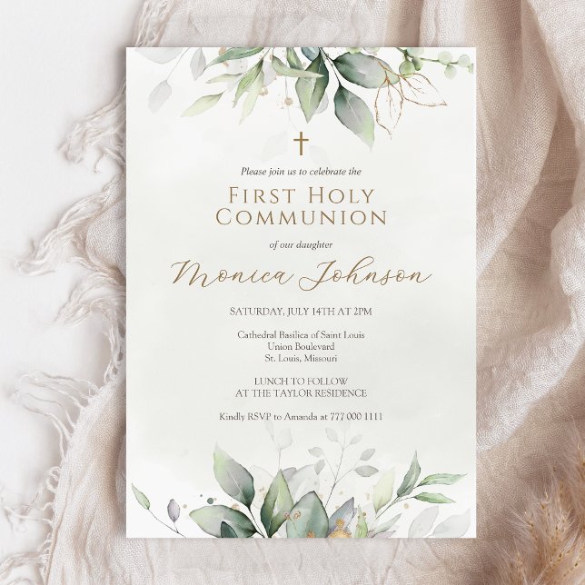 Invitación Primera Comunión en Acuarela Verde (Greenery Watercolor First Holy Communion Invitation Card)