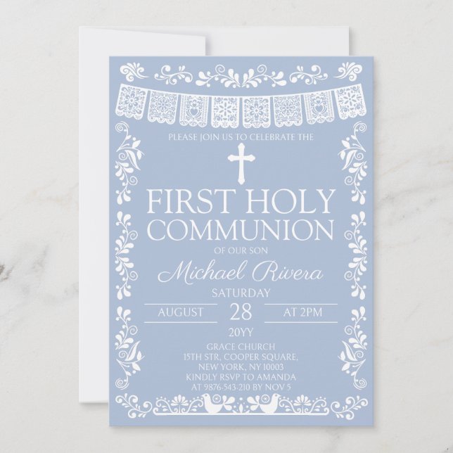Invitación Primera Comunión en Azul Polvoriento con Papel Pic (Anverso)