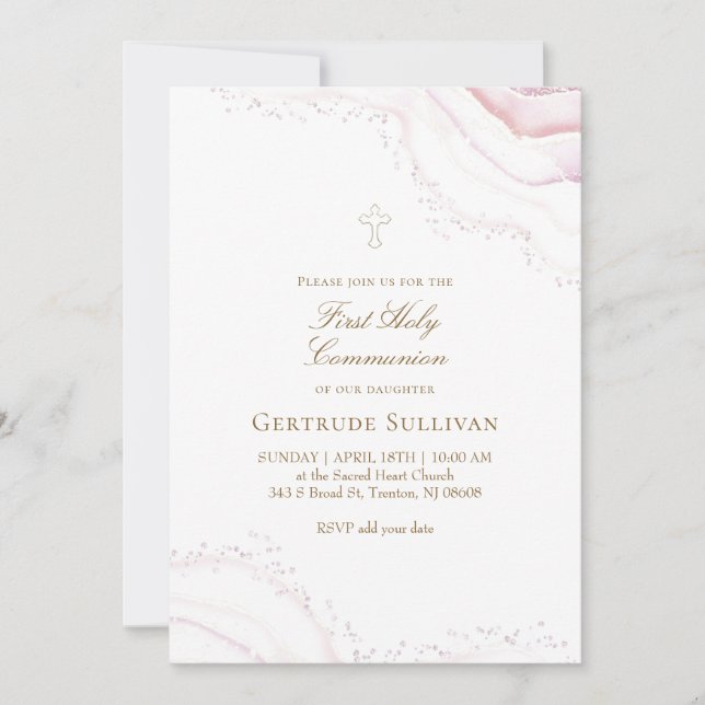 Invitación Primera Comunión en mármol rosa pálido (Anverso)
