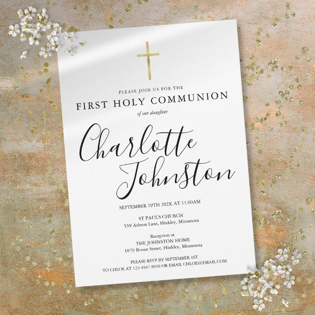 Invitación Primera Comunión en Negro y Dorado (Black And Gold First Holy Communion Invitation)