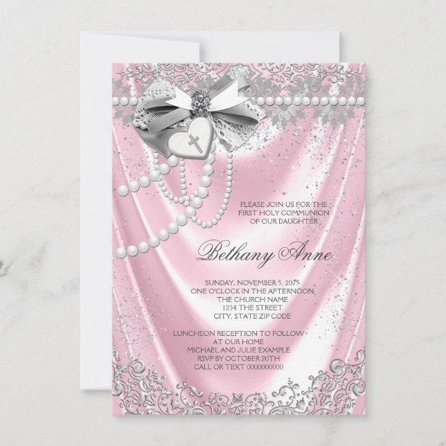 Invitación Primera Comunión en Seda Rosa (Anverso)