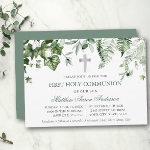Invitación Primera Comunión en verde salvia con hiedra y hele