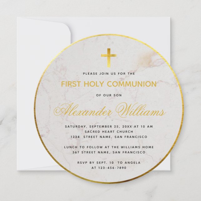 Invitación Primera Comunión Escritura de Mármol Hoja de Oro F (Anverso)