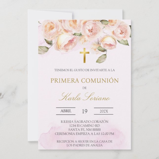 Invitación Primera comunión española con flores rosadas (Anverso)