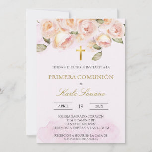 Invitación Primera comunión española con flores rosadas