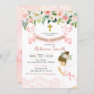 Invitación Primera comunión española de Chica rosa y oro