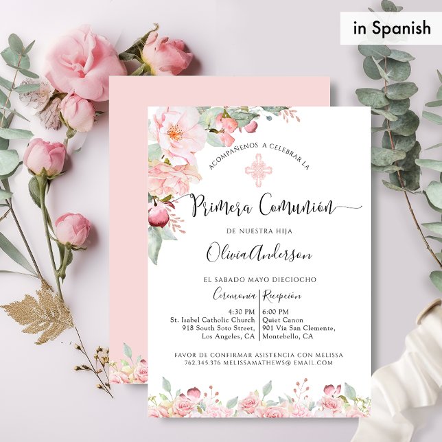 Invitación Primera Comunión Española Floral Rosa y Mint (Subido por el creador)
